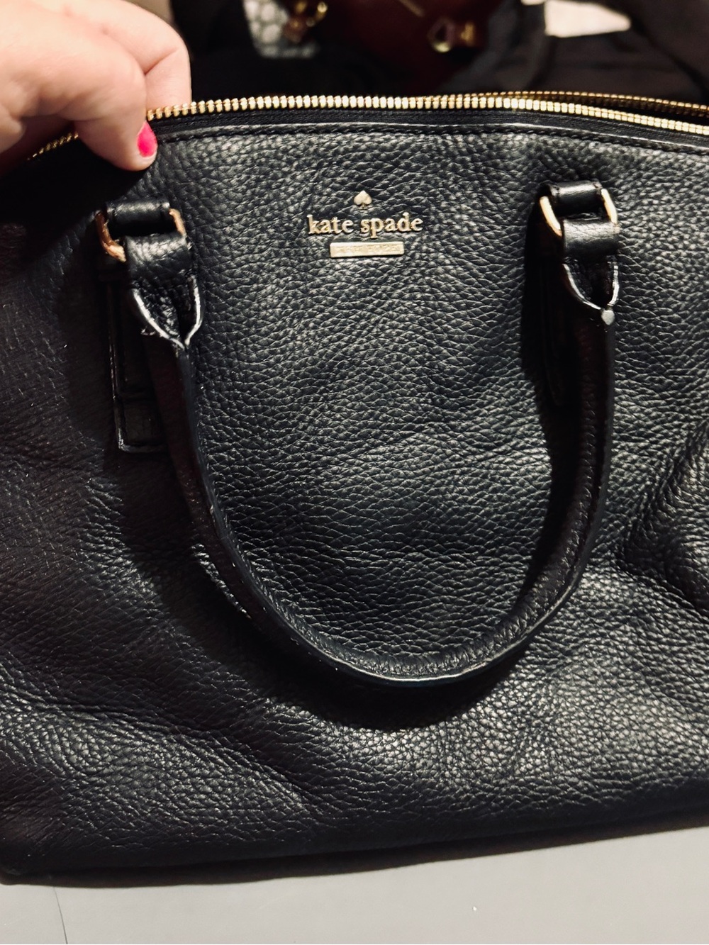 kate spade Black Pebbled Leather Satchel with Gold Logo